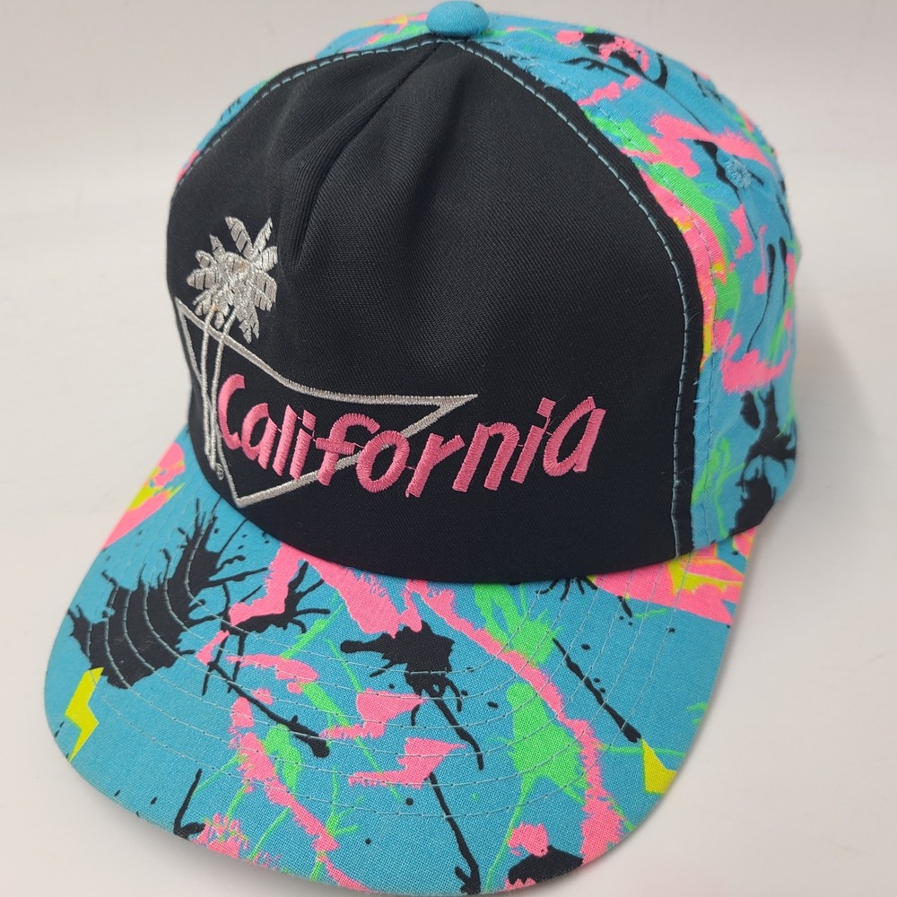 Vintage California Hat Snapback Black Blue Pink Neon Paint Splatter Palm Trees